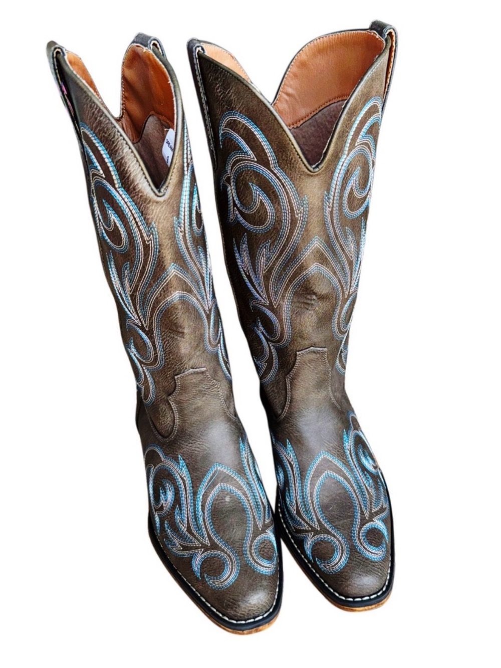 NIB- Dream Pairs x JustFab Mid Calf Square Toe Brown Embroidered Cowgirl Boots